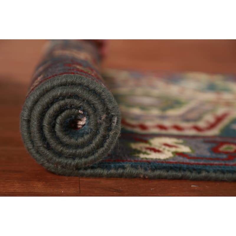 Hand Knotted Oriental 100% Wool Carpet Traditional Geometric Navy Blue & Blues Kazak Runner Rug - 9' 8'' X 2' 6''