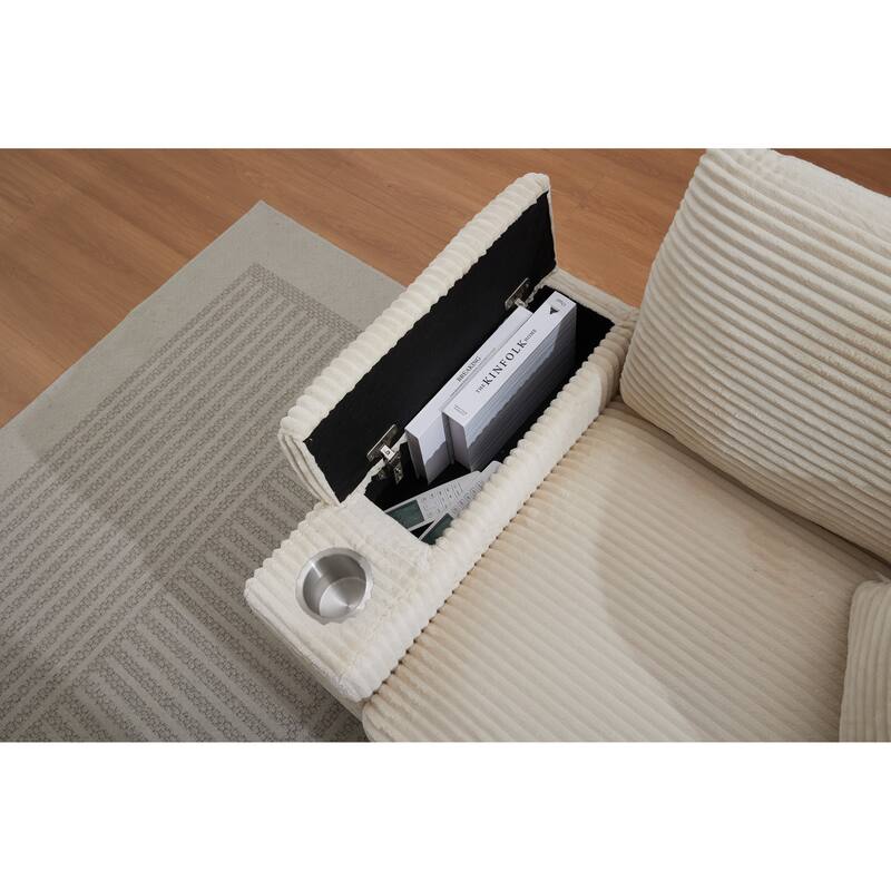 Corduroy Sofa Sets with Ottoman, Handrail Storage and Cup Holders