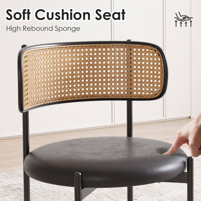 Dining Chairs Set of 2, PU Leather Upholstered Seat with Woven Rattan Back, Sturdy Metal Legs Modern Side Chairs