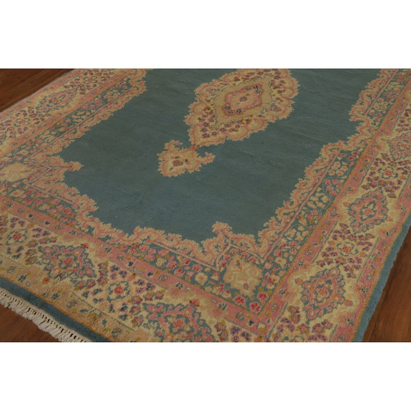 Hand Knotted Oriental 100% Wool Carpet Traditional Medallion Navy Blue & Blues Kerman Area Rug - 8' 9'' X 5' 10''