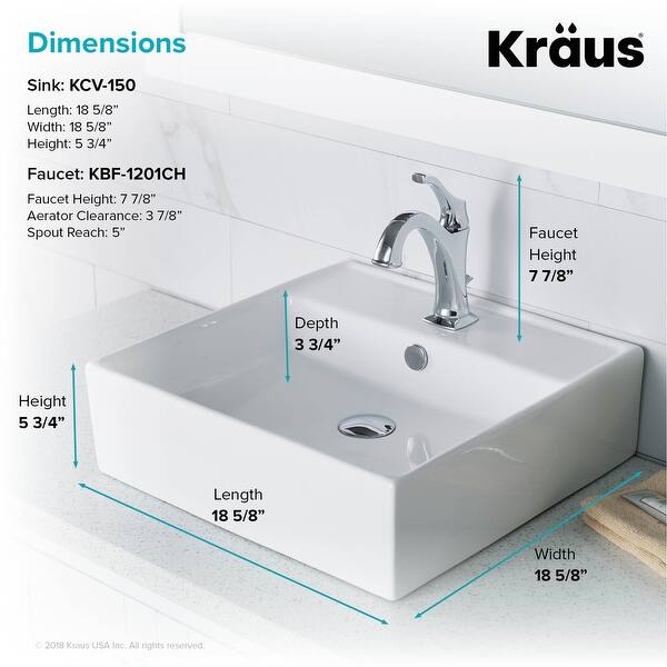 dimension image slide 0 of 4, Kraus 3-in-1 Set White Square Ceramic Vessel Sink Arlo Faucet w/ Drain