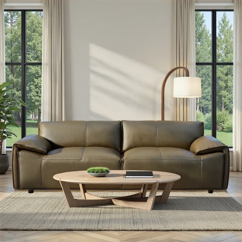 Tanner Top Grain Leather Loveseat, Sofa, or Living Room Set with Padded Arms - Sofa - Khaki