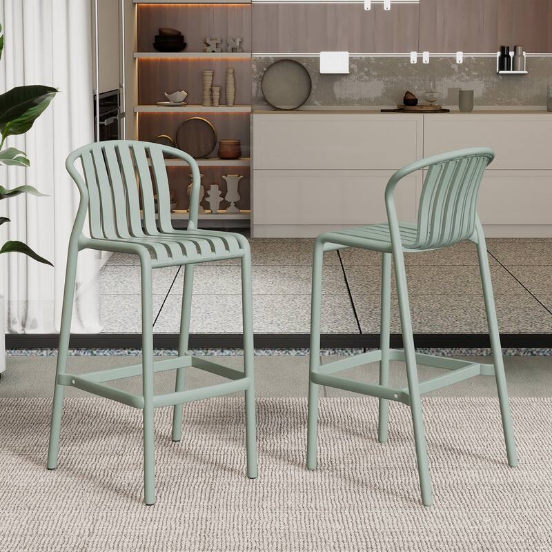 Set of 2 All-Weather Outdoor Bar Stools, 29.5"H Green Perforated Slat Back - Patio, Poolside & Kitchen Island 
