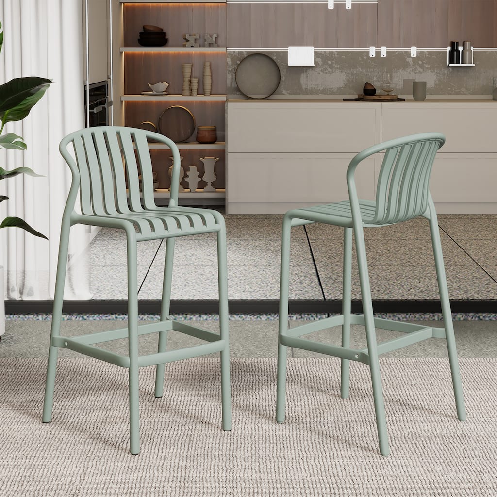Set of 2 All-Weather Outdoor Bar Stools, 29.5"H Green Perforated Slat Back - Patio, Poolside & Kitchen Island 