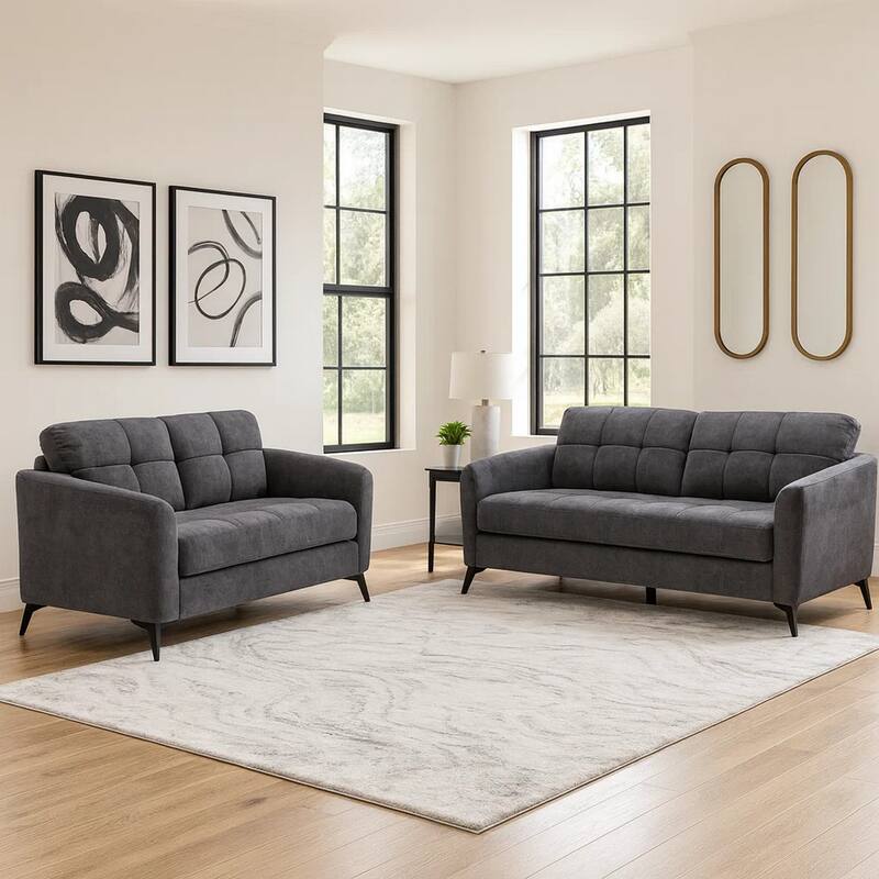 Odin 2 Piece Sofa and Loveseat Set, Tufted Cushions, Gray Velvet Upholstery