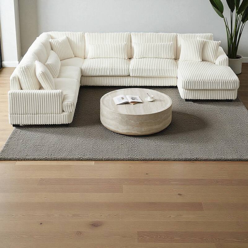 129" Oversized U-Shaped Sectional Sofa with Chaise Lounge, Soft Corduroy Upholstery and Pillows for Living Room - Beige