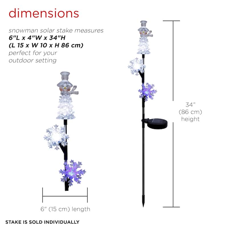 Alpine Corporation 33"H Outdoor Solar Snowman and Snowflakes Garden Stake with LED Lights - White