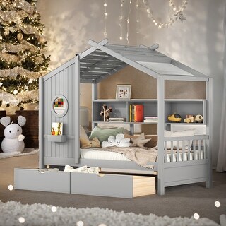Twin Size Wooden House Bed Kids Bed with 2 Drawers and Storage Shelf