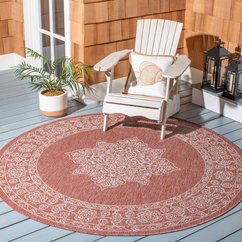 SAFAVIEH Courtyard Maralyn Indoor/ Outdoor Waterproof Patio Backyard Rug - 6'7" x 6'7" Round - Rust/Ivory