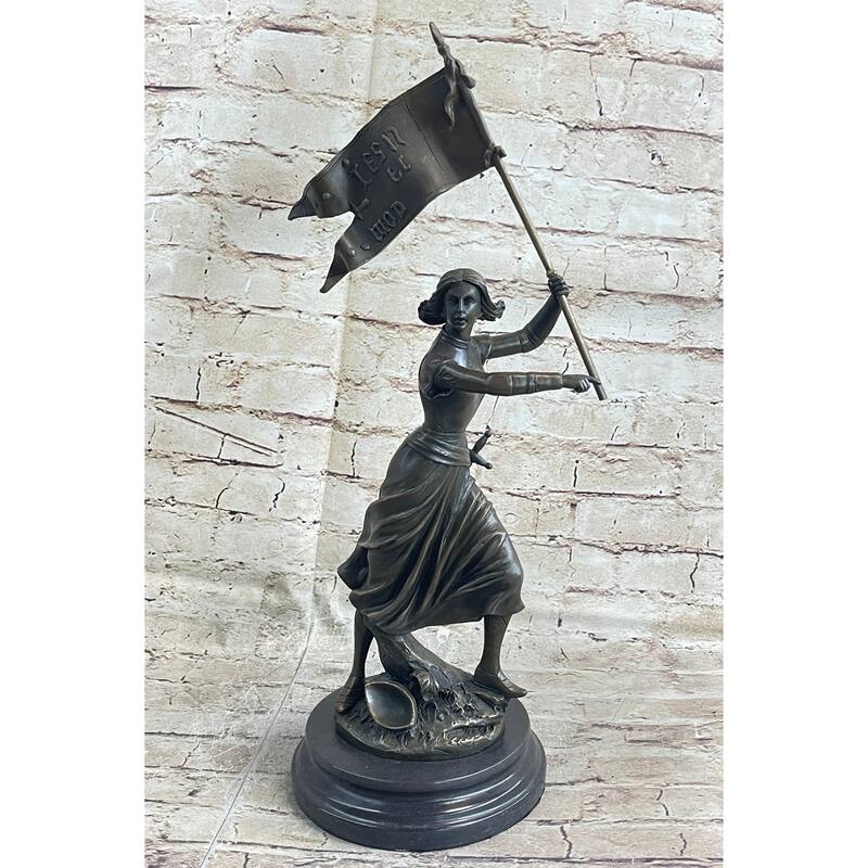 Roman Imitative Catholic Saint Joan Of Arc Standing W/ Flag Sculpture Statue Bronze Figure