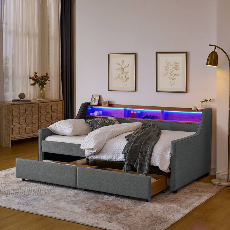 Ouyessir Modern Upholstered Tufted Twin Daybed with Trundle & Drawers - Grey-Drawers