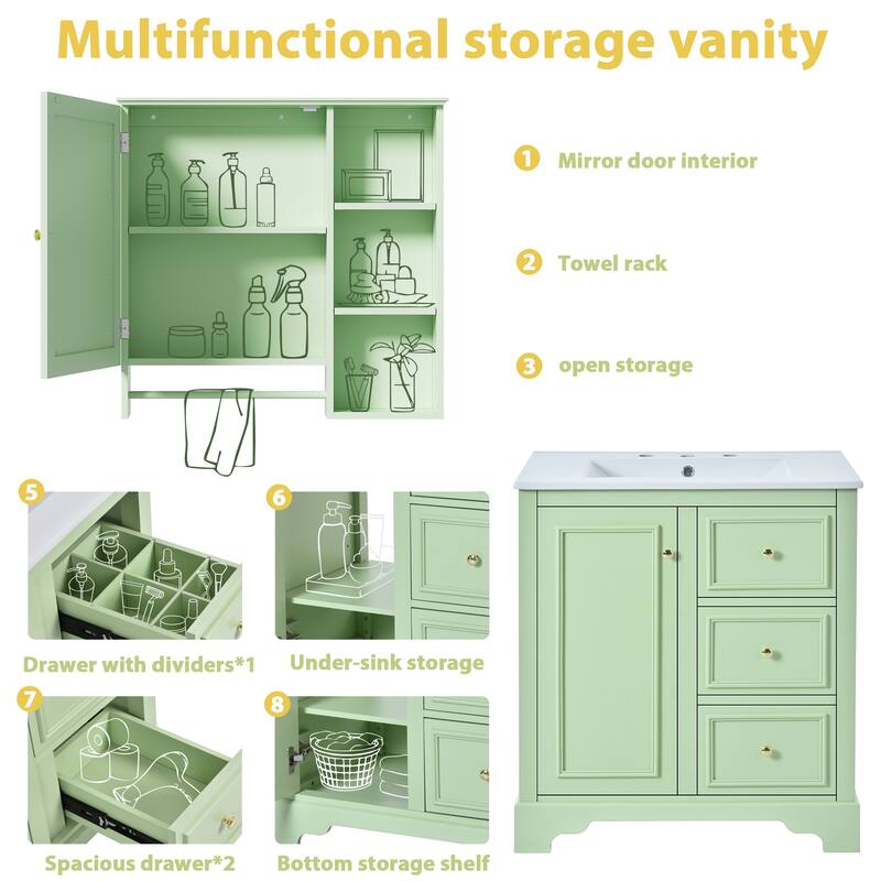 30-inch bathroom vanity with sink,with 3 drawers,adjustable shelves,freestanding vanity set with mirror cabinet,single sink