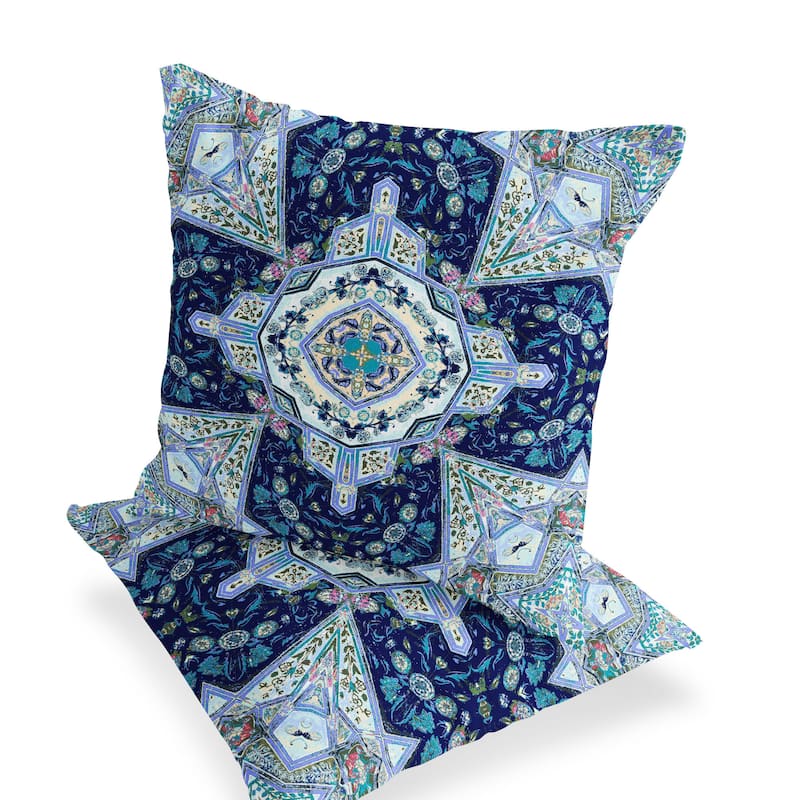 HomeRoots Set of Two 16" X 16" Blue and Green Blown Seam Floral Indoor Outdoor Throw Pillow - 16.00' X '16.00' X '5.00