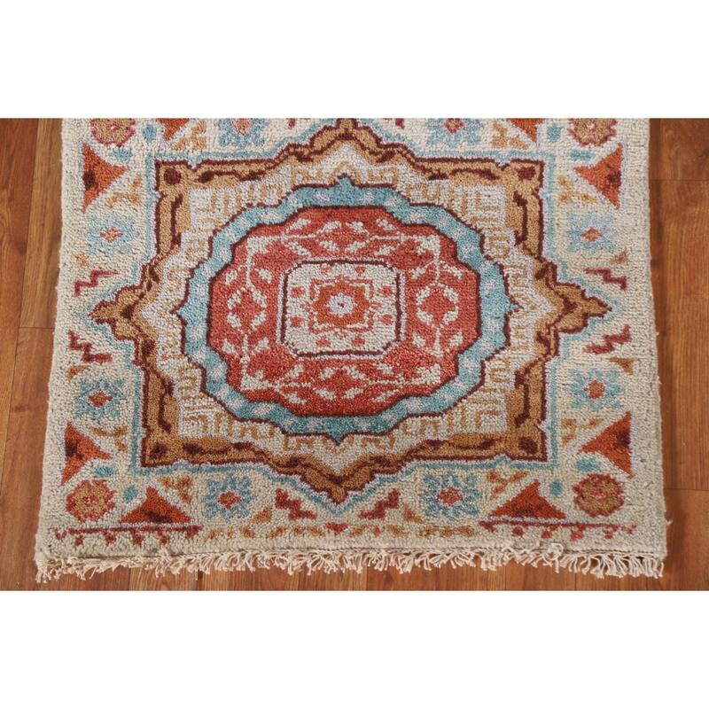 Geometric Beige Kazak Runner Rug Hand-knotted Wool Carpet - 2'6"x 7'10"