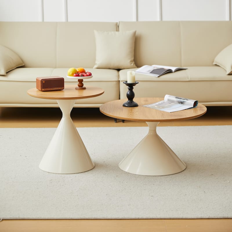 Round Coffee Table Set of 2 End Table for Living Room - MDF - Natural