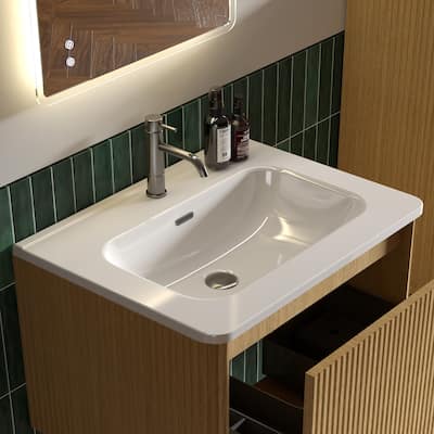 GDFStudio - Integrated Ceramic Basin for Bathroom Vanity, One-Piece Glossy Sink, Pre-Drilled without Drain Assembly