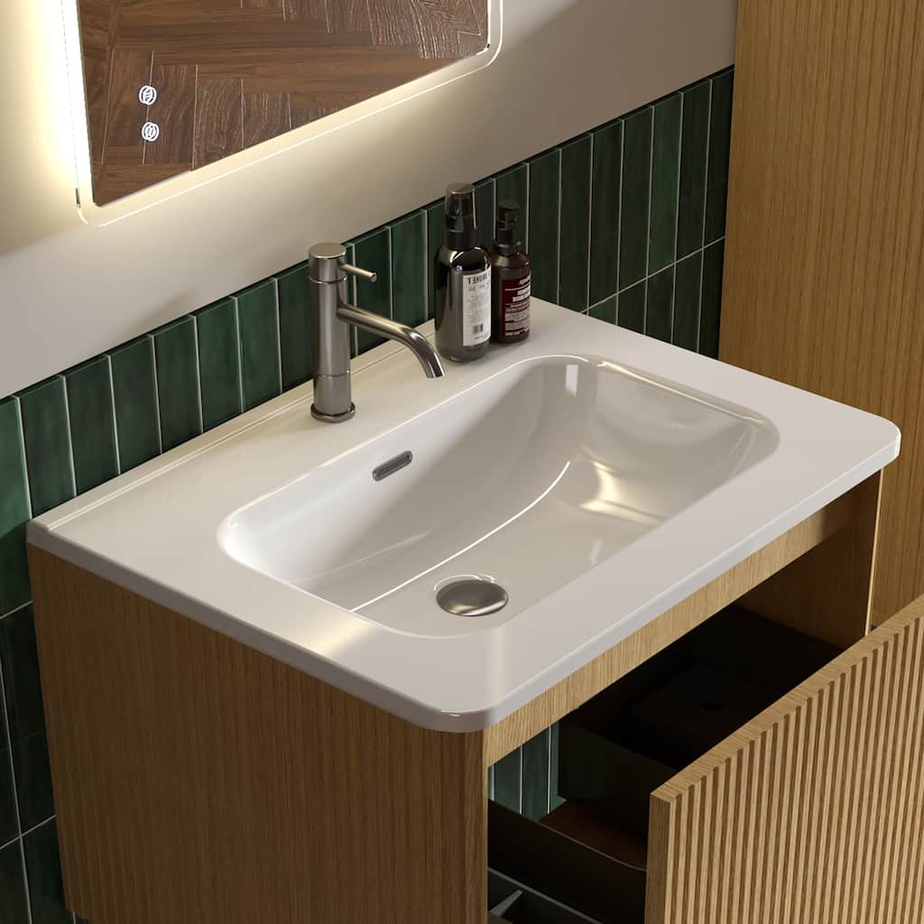 GDFStudio - Integrated Ceramic Basin for Bathroom Vanity, One-Piece Glossy Sink, Pre-Drilled without Drain Assembly