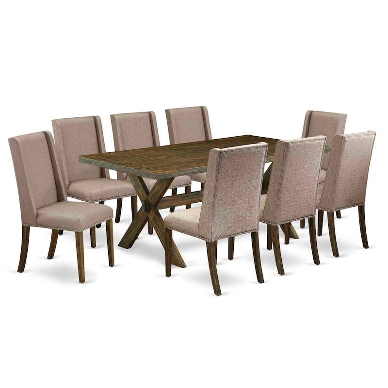 Victorian Dining Set - 9 Piece Table & Chair Set - 40x72 Inch Rectangle Table with 8 Linen Parsons Chairs