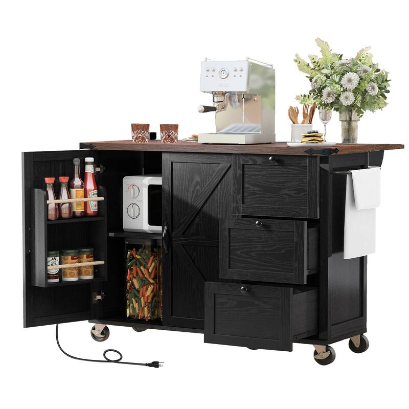 Rolling Kitchen Island with Folding Drop Leaf, Wooden Storage Cabinet with Power Outlet, Internal Storage Rack and Spice Rack