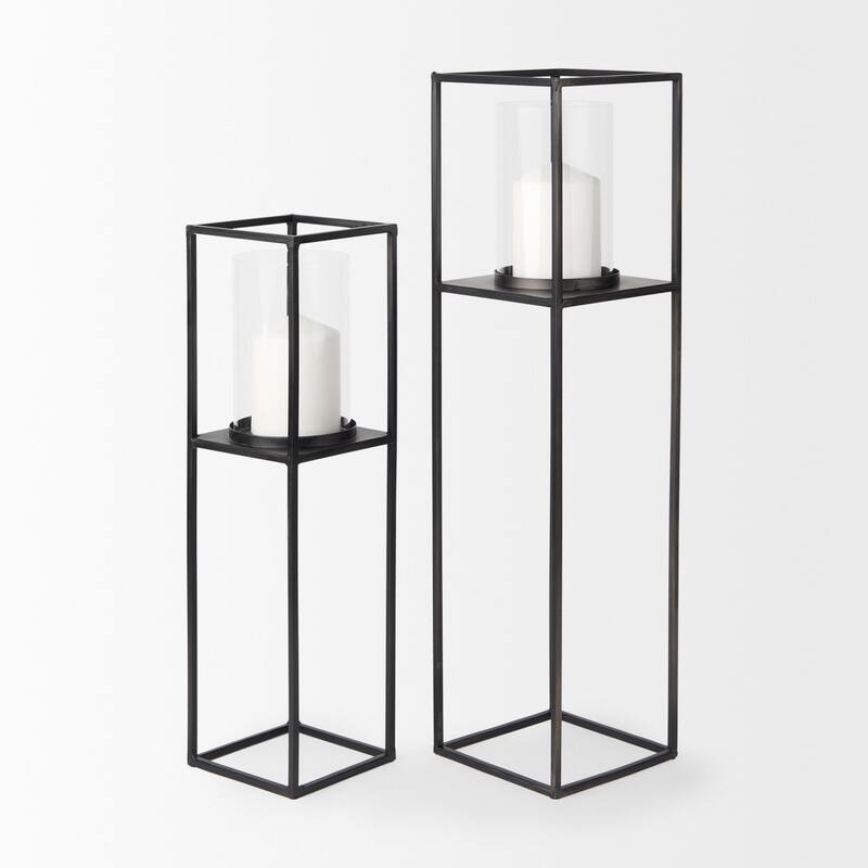 Cindy Matte Black Metal With Hurricane Glass 5 Candle Holder