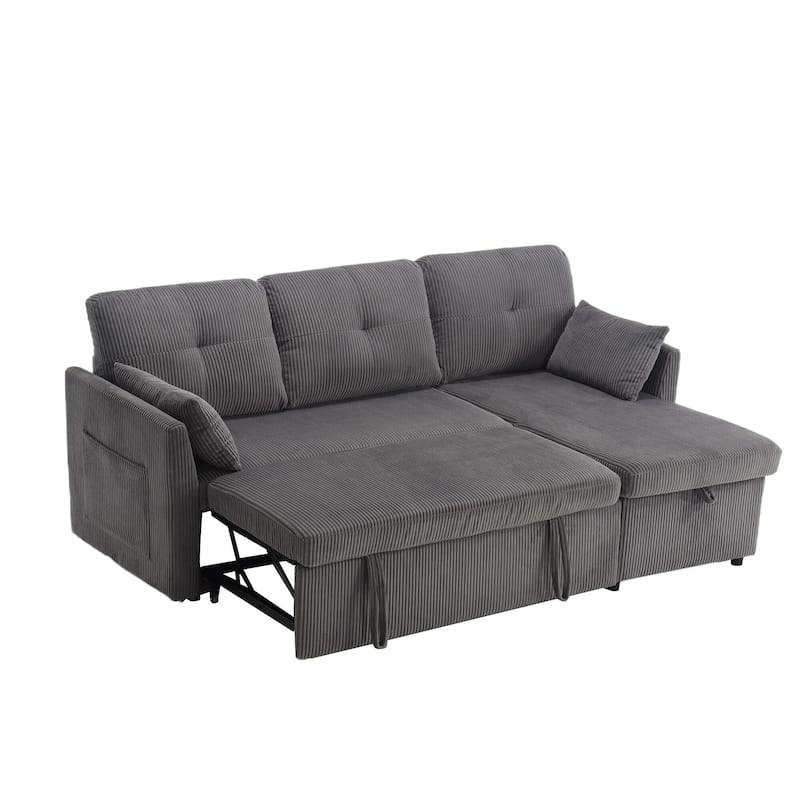 Corduroy/Chenille Upholstered L-Shaped Storage Reversible Chaise Sectional Sofa with Side Pocket