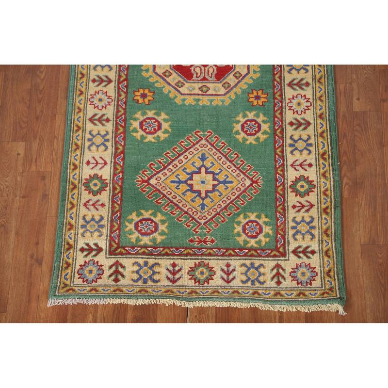 Green Kazak Runner Rug Hand-Knotted Wool Carpet - 2'8" x 16'3"