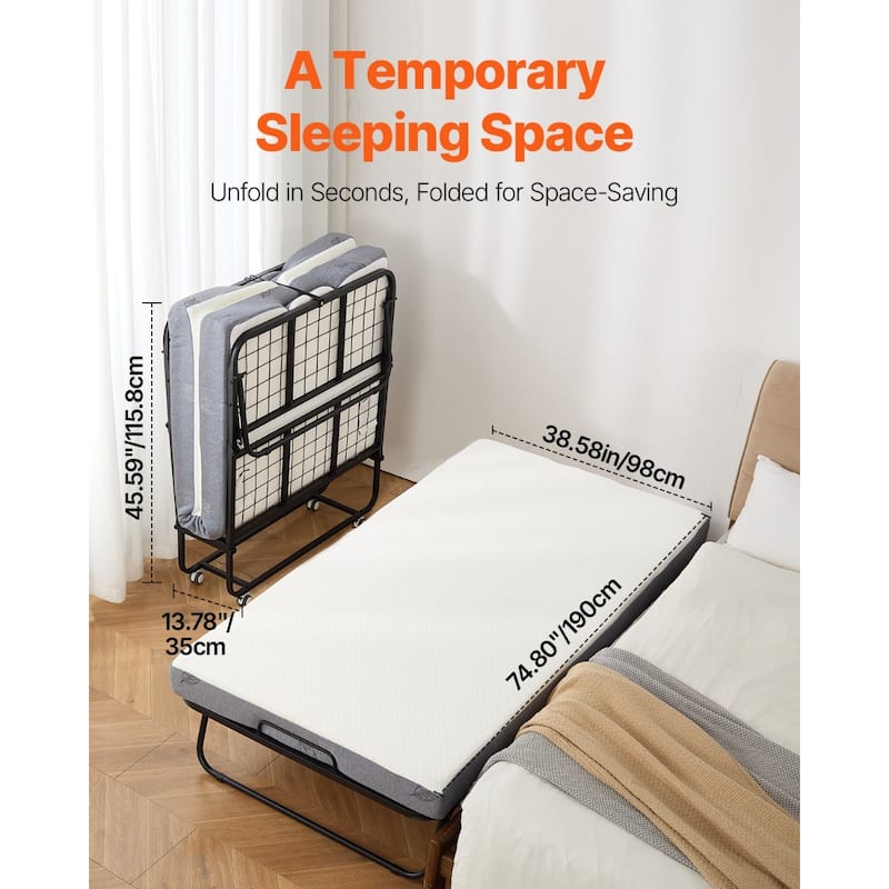 White Polyester Rollaway Folding Bed with 5 Inches Foam Mattress and Steel Frame