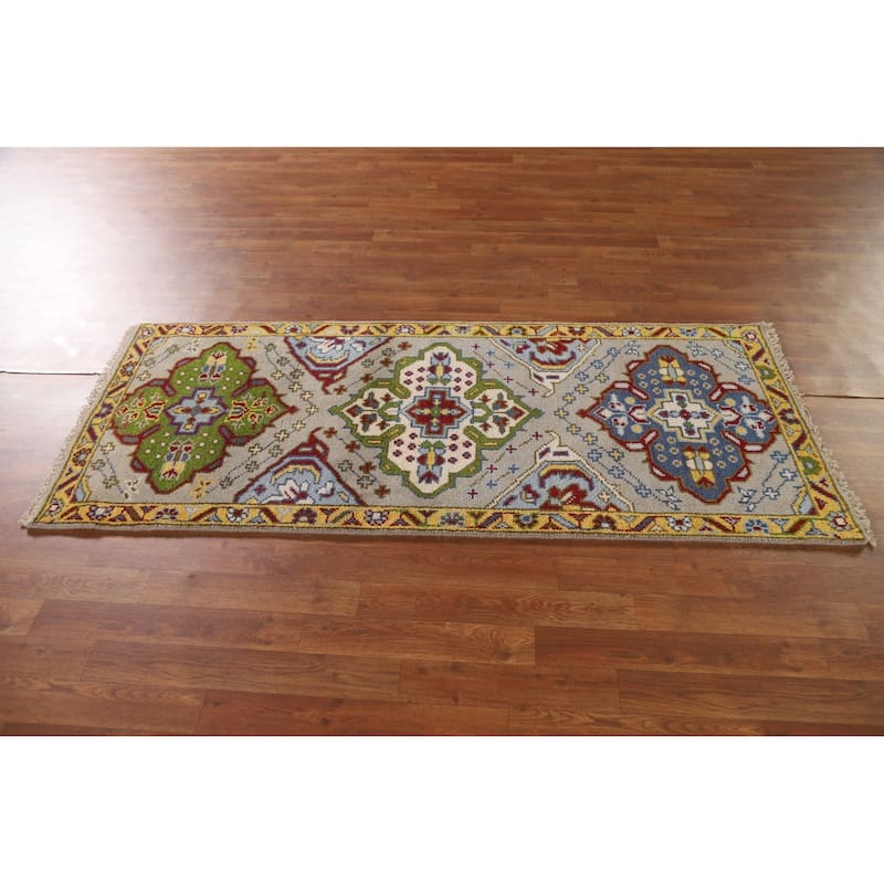 Geometric Kazak Indian Accent Rug Handmade Beige Wool Carpet - 2'7"x 6'1"