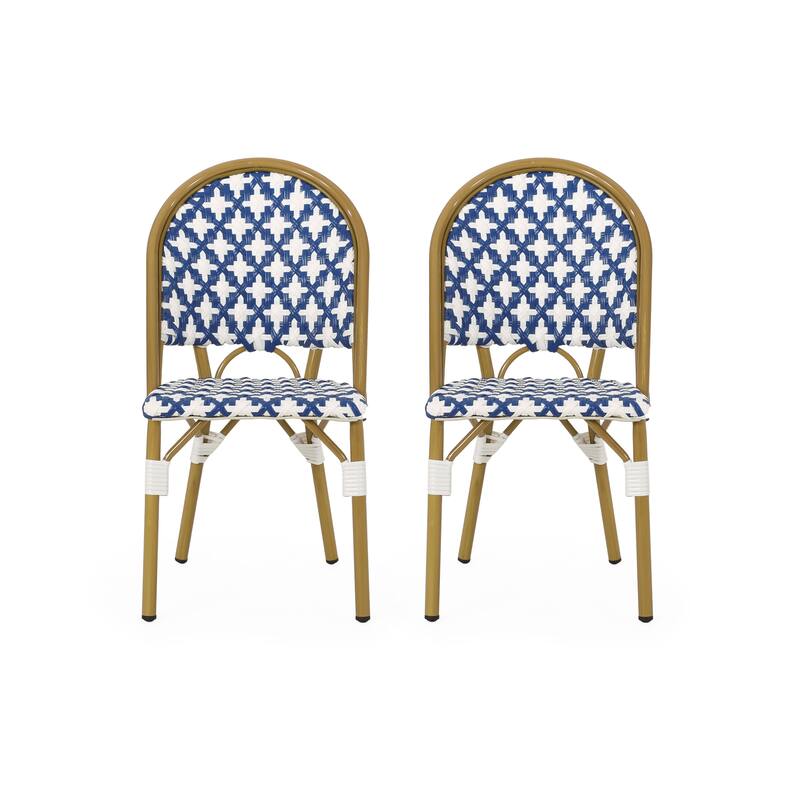 Louna Outdoor French Cafe Chairs (Set of 2) by Christopher Knight Home - Blue + White + Bamboo Print Finish