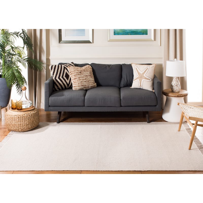SAFAVIEH, Handmade Montauk Cliff Stripe Flatweave Cotton Fringe Rug - 10' x 14' - Ivory/Grey