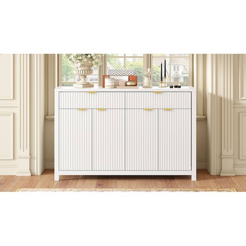 55" Modern Wave-Pattern Sideboard Cabinet Sofa Table with 2 Drawers and 4 Doors, 3-Level Adjustable Shelves