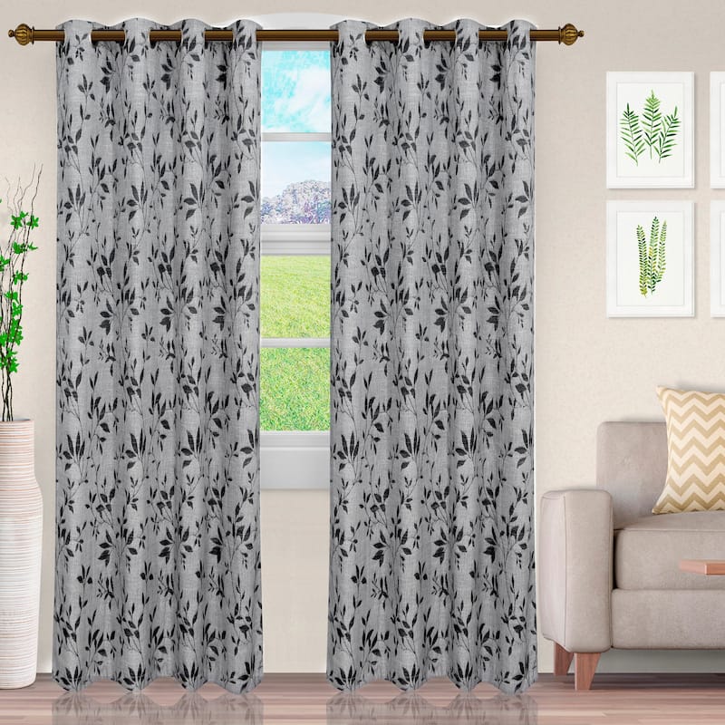 Superior Decorative Vintage Leaves Jacquard Curtain Set with 2 Panels - 52" x 96" - Black/Grey