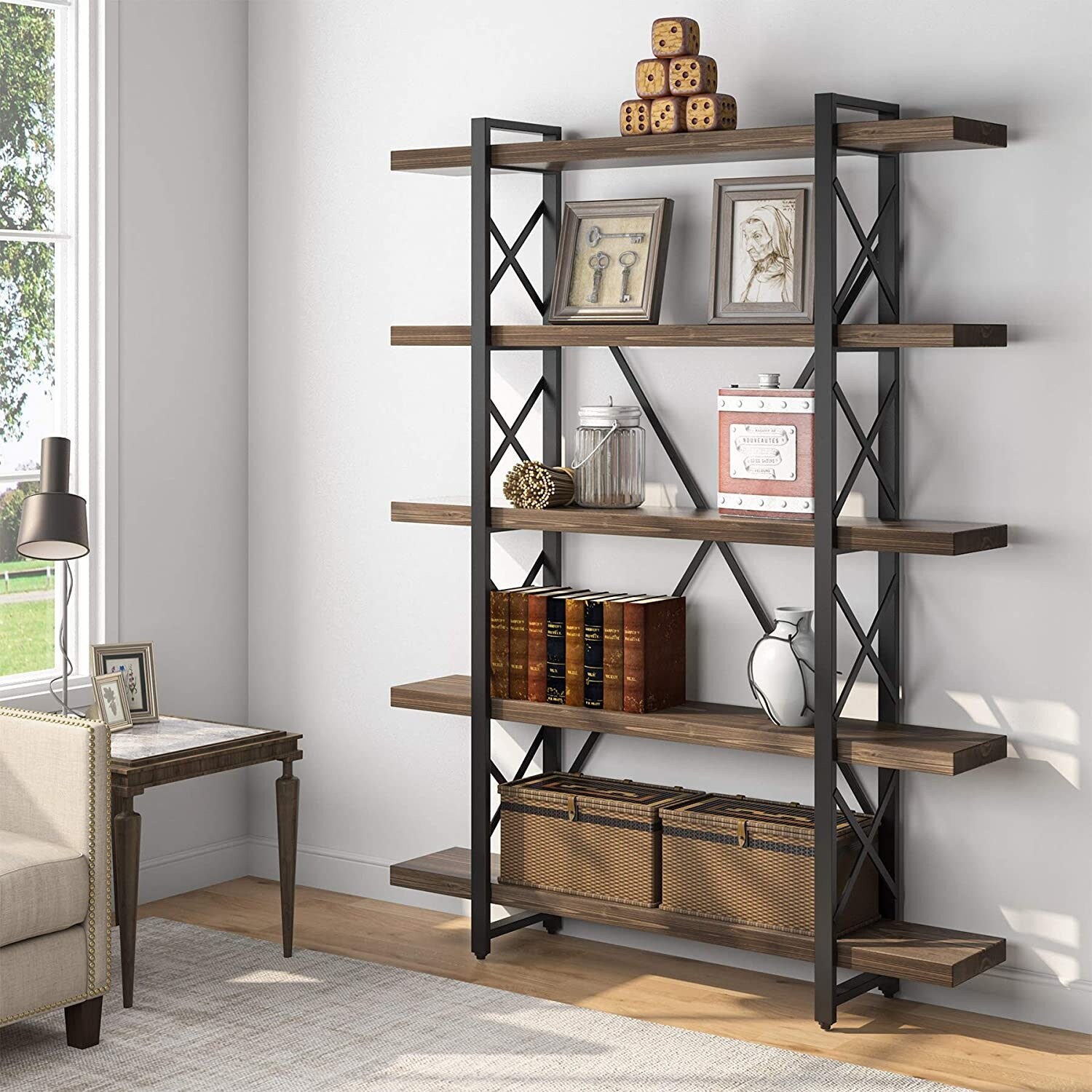 Tribesigns Rustic 5-Tier Open Solid Wood Etagere Bookcase Bookshelf -  Overstock - 32456999