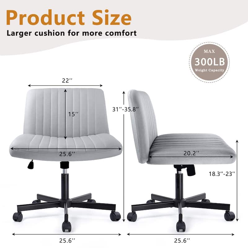 Bossin Criss Cross Chair Armless Office Desk Chair with Wheels,Fabric Padded Cross Legged Chair, Swivel Wide Seat Vanity Chair