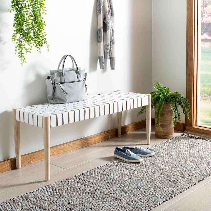 SAFAVIEH Manervia Wood & Leather Bench - 47Wx16Dx18H - Off White Leather/Light Oak