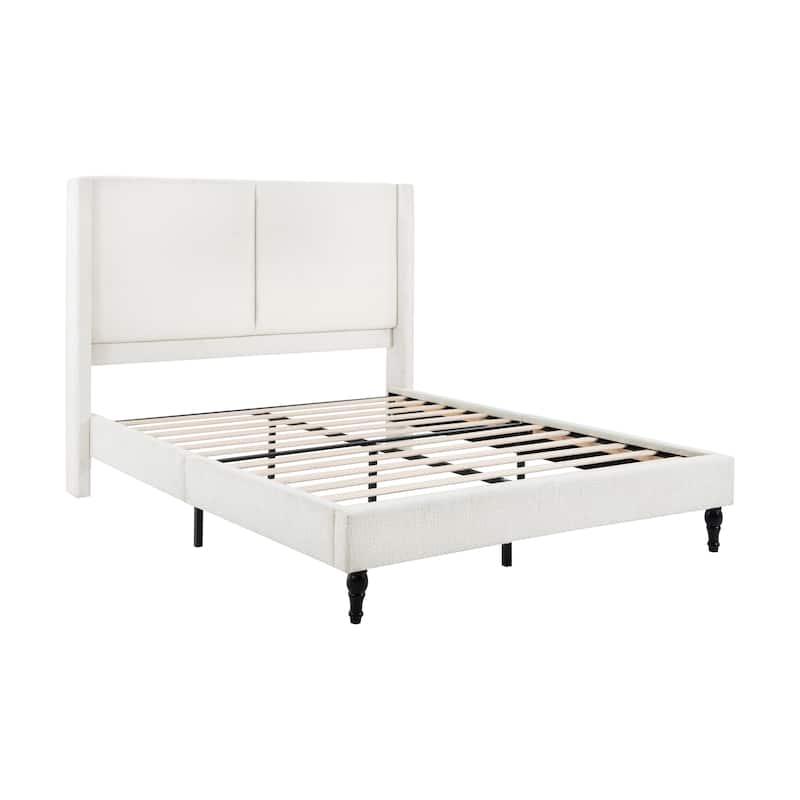 Queen Size Upholstered Bed Frame with High Back Headboard, Boucle Fabric, Solid Wood Legs, No Box Spring Needed