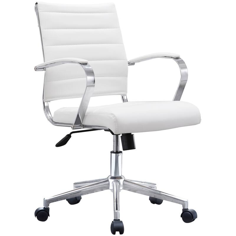 Black Office Chairs Mid Back Ribbed PU Leather Executive Task Work Conference With Arms Wheels Tilt Swivel Rolling - White