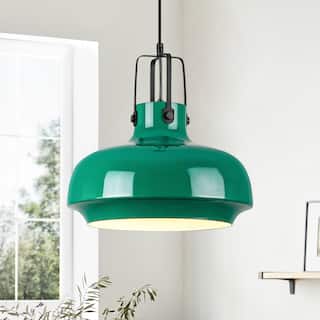 1-Light Farmhouse Industrial Green Dome Adjustable Pendant Hanging Light with Matte Black Hardware for Kitchen Island