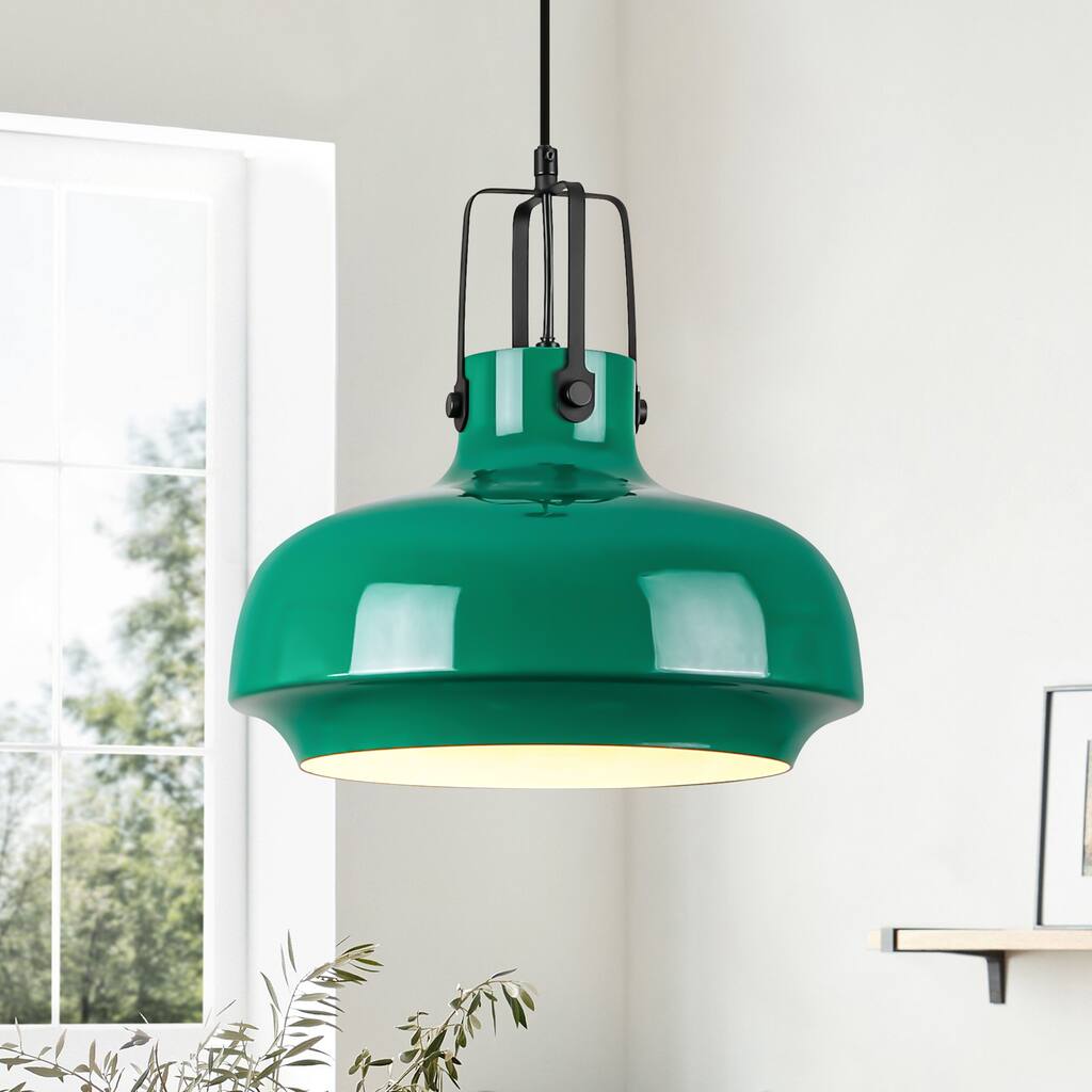 1-Light Farmhouse Industrial Green Dome Adjustable Pendant Hanging Light with Matte Black Hardware for Kitchen Island