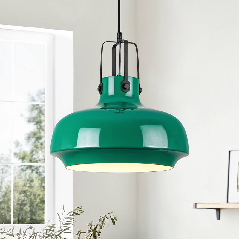 1-Light Farmhouse Industrial Green Dome Adjustable Pendant Hanging Light with Matte Black Hardware for Kitchen Island - Black/Green/White - 13.8 in. W x 13.8 in. H x 13.8 in. D