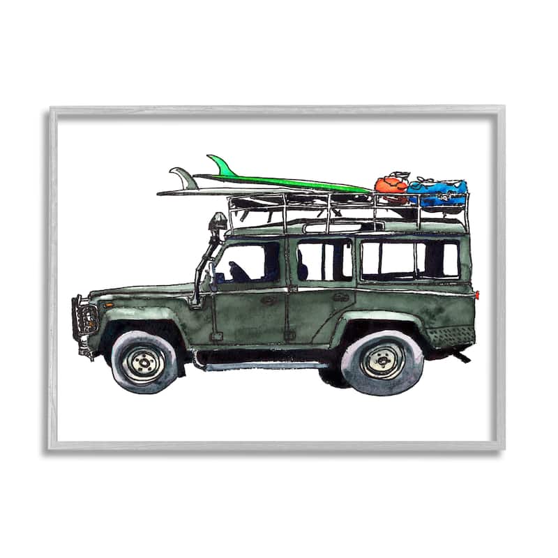 Stupell Tropical Vacation Beach Car Roof Rack Surfboards Framed Wall Art - Grey - 20 x 16 - Grey