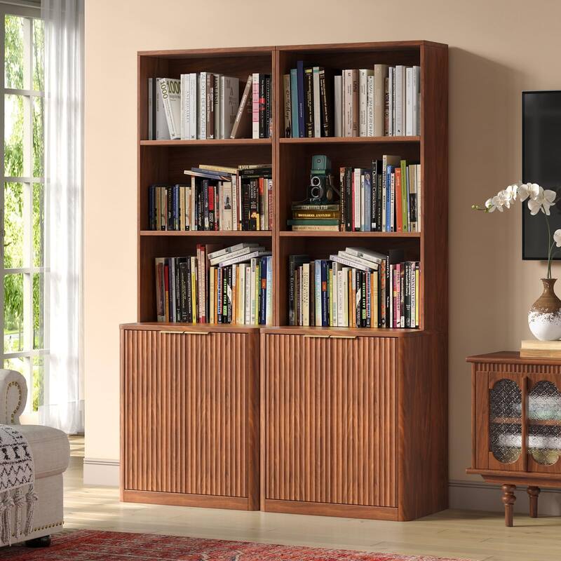 71" Walnut Bookcase with Doors Set of 2, 5 Tier Fluted Tall Bookshelf with Storage - Walnut