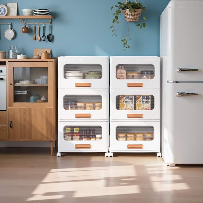 VECELO White Rolling Storage Cabinet with Transparent Doors 1/2/3-Tier Plastic Storage Bins with Wheels for Bedroom Living Room