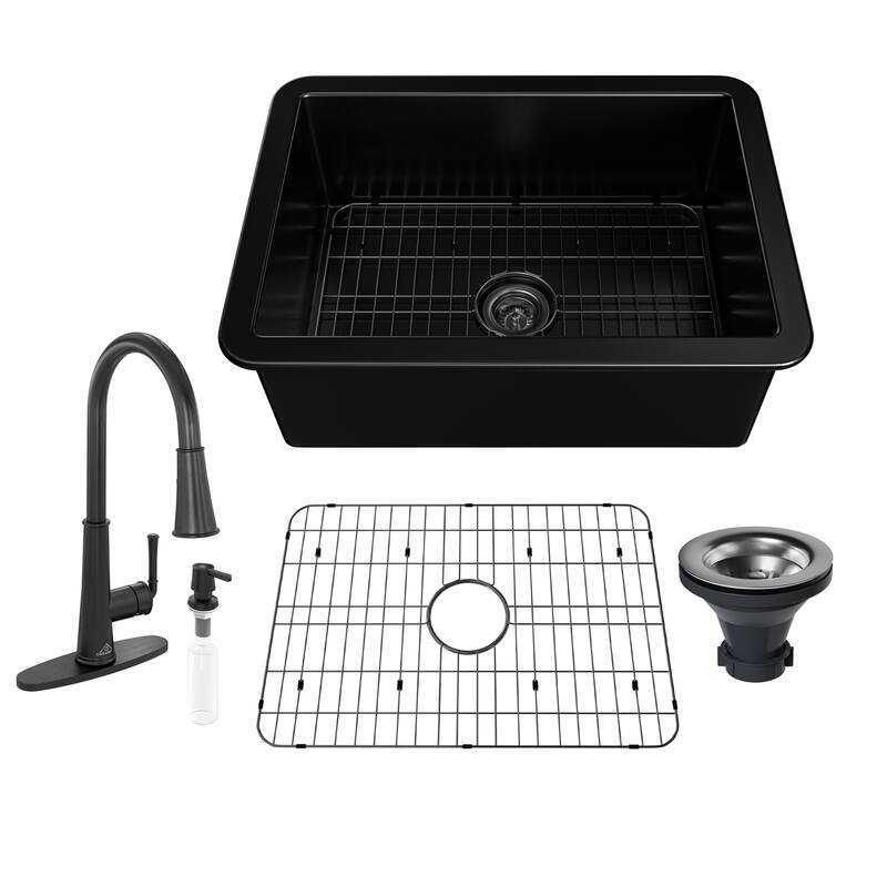 CASAINC All-in-One Fireclay 27 in. Single Bowl Undermount Kitchen Sink with Infrared Sensor Kitchen Faucet and Accessories