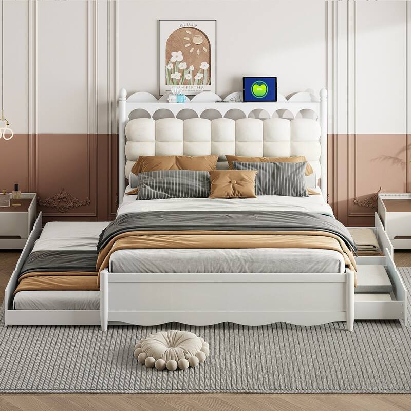Wooden Storage Platform Bed with USB Ports