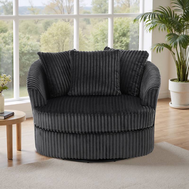 Oversized 43" W Plush Corduroy Swivel Barrel Chair with Pillows