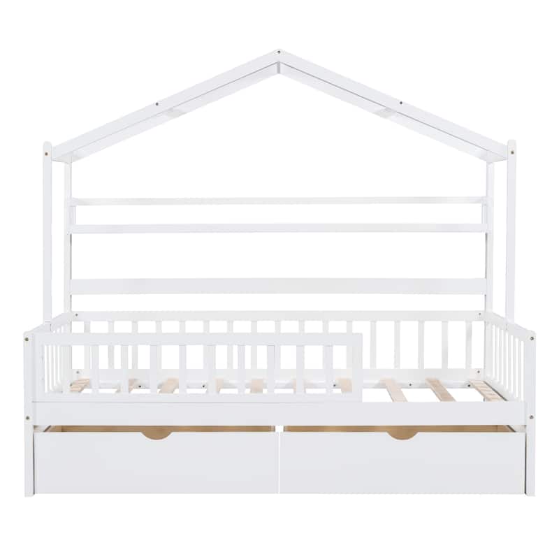 Children's Wooden House Bed with Drawers and Shelf, Twin/Full Size