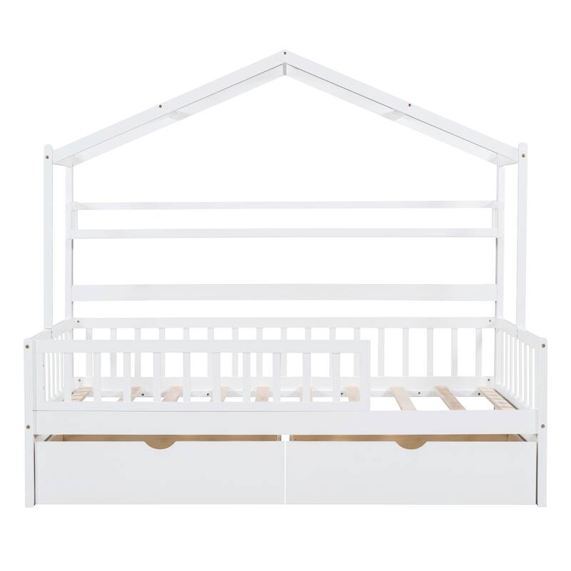 Pine House Bed with Roof, Drawers, and Shelf