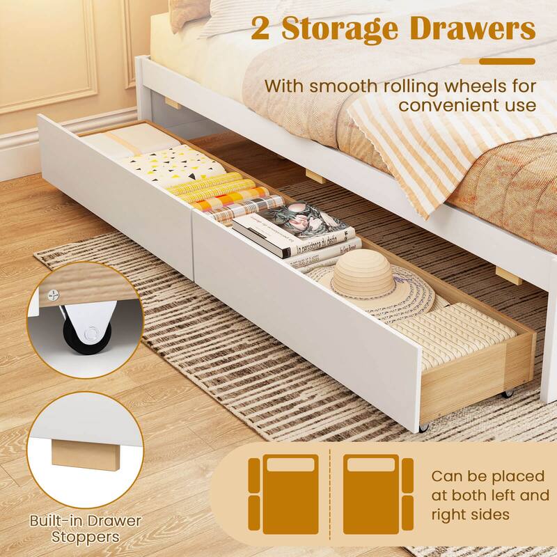 Costway Full/Queen Size Wooden Platform Bed with 2 Rolling Storage