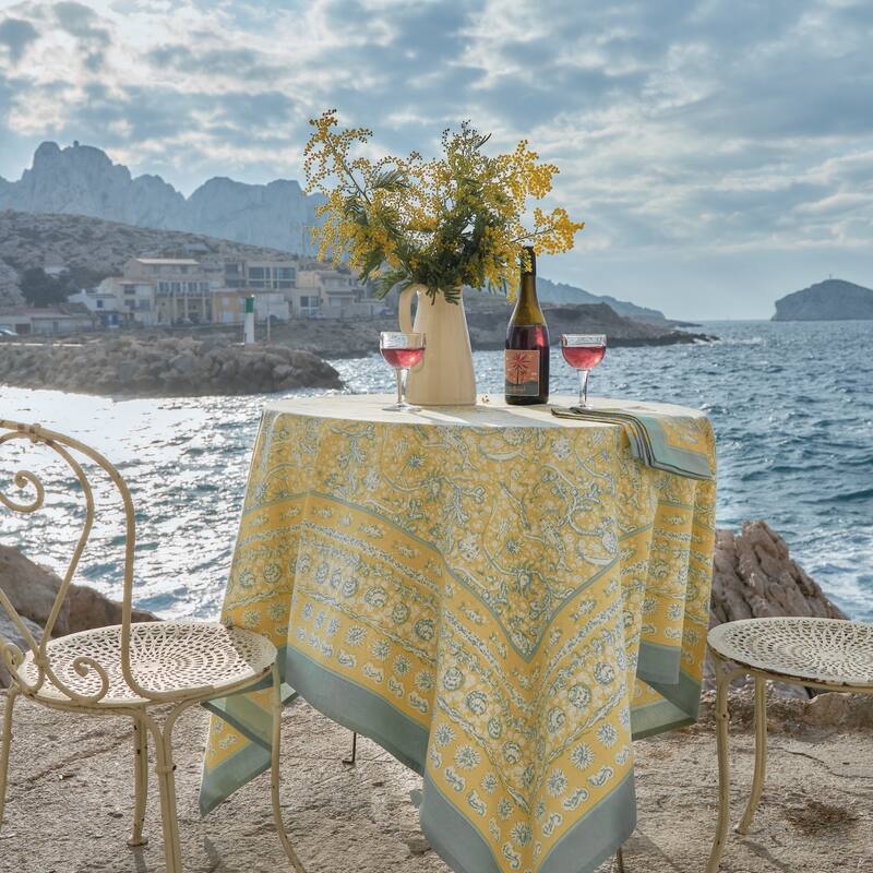 Couleur Nature La Mer Tablecloth - 90" x 90" - Aqua/Citrine